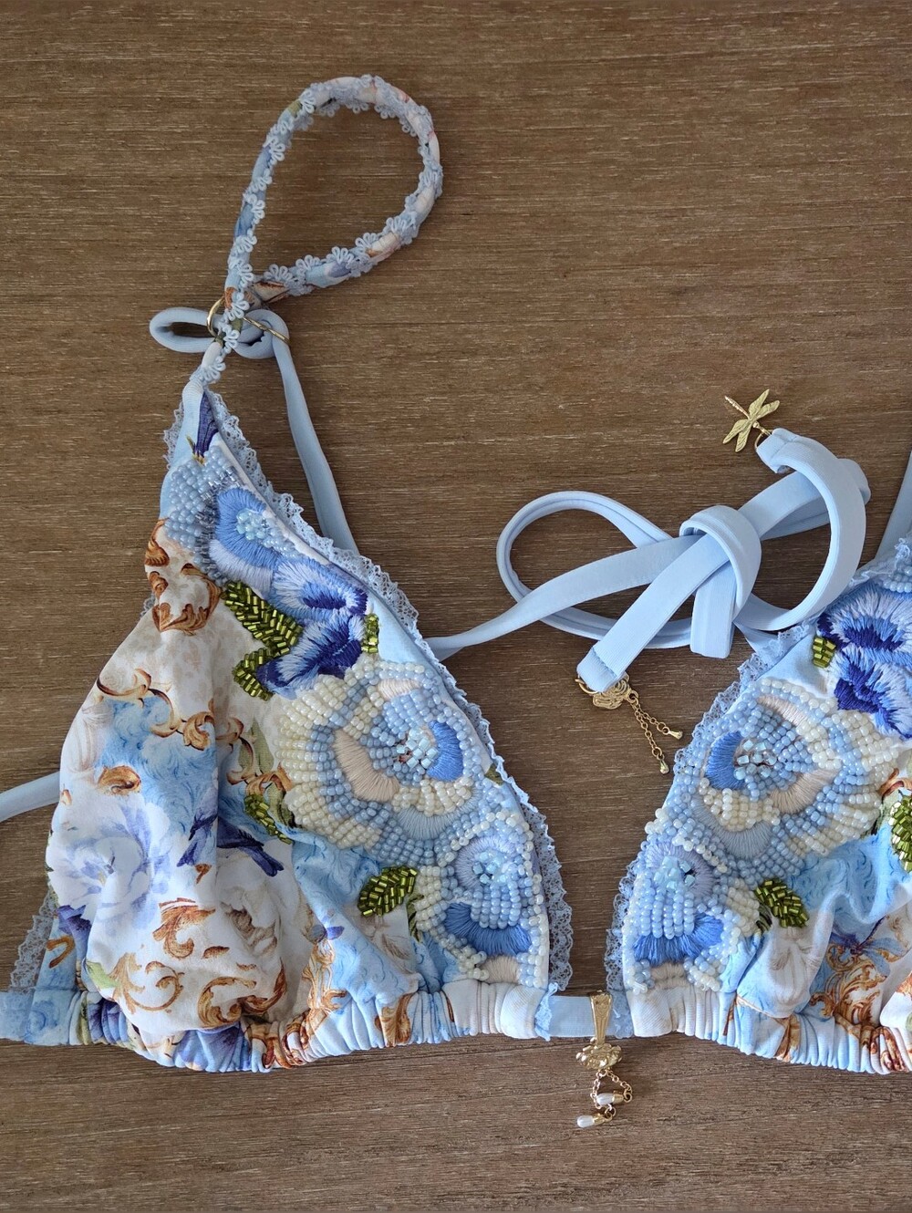 NWT Bydee Mykonos Bikini Top Sorella XL Hand Beaded Floral Blue